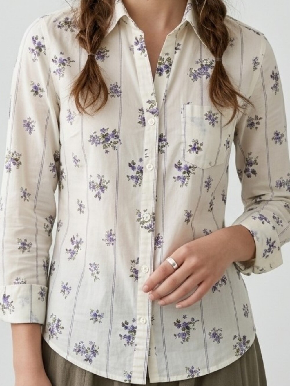Vintage Cottagecore Floral Pinstripe Cotton Button Down Blouse White Purple M